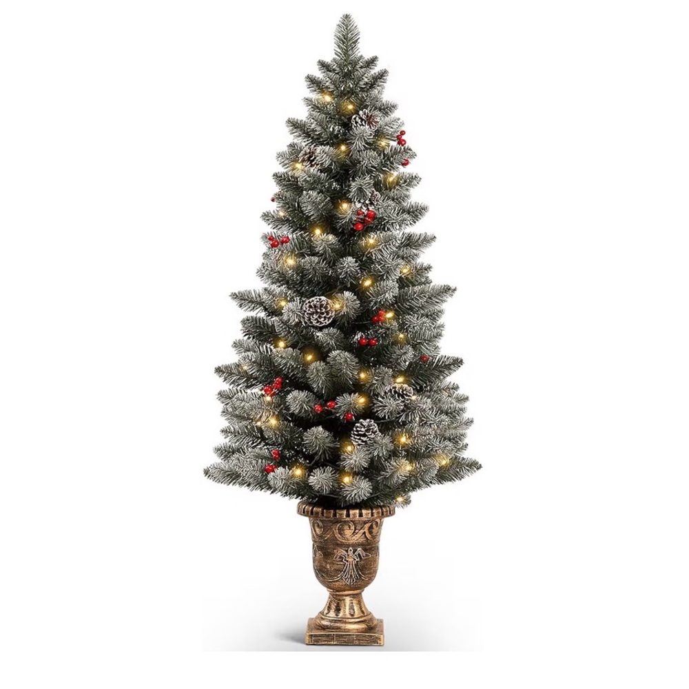 4Ft Christmas Tree Pre-Lit Mini Tree with Gold Pot Base Flocked Snow Pine Cones